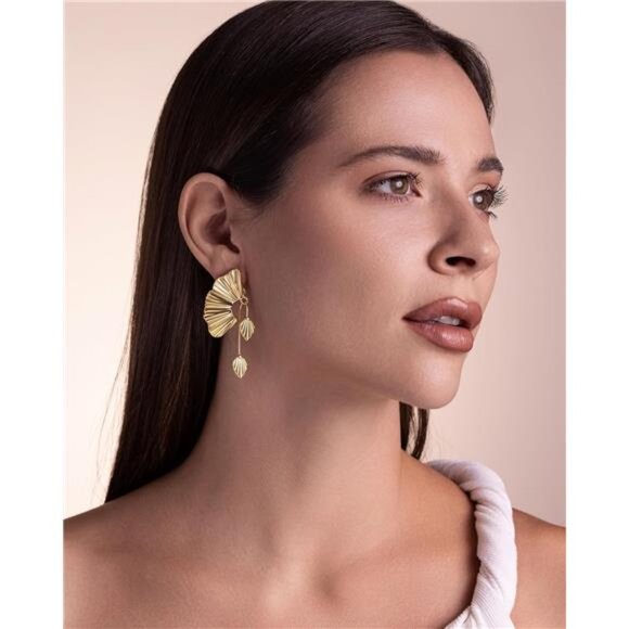 18K Gold Plated Boho Fan Earrings | Chunky Statement Dangle - Picture 3 of 7